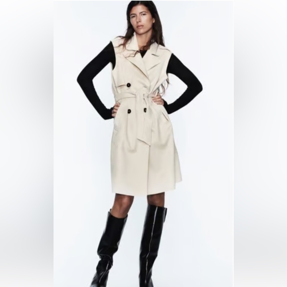 Zara Cream Faux Suede Trench Vest Dress Medium | Longline Gilet